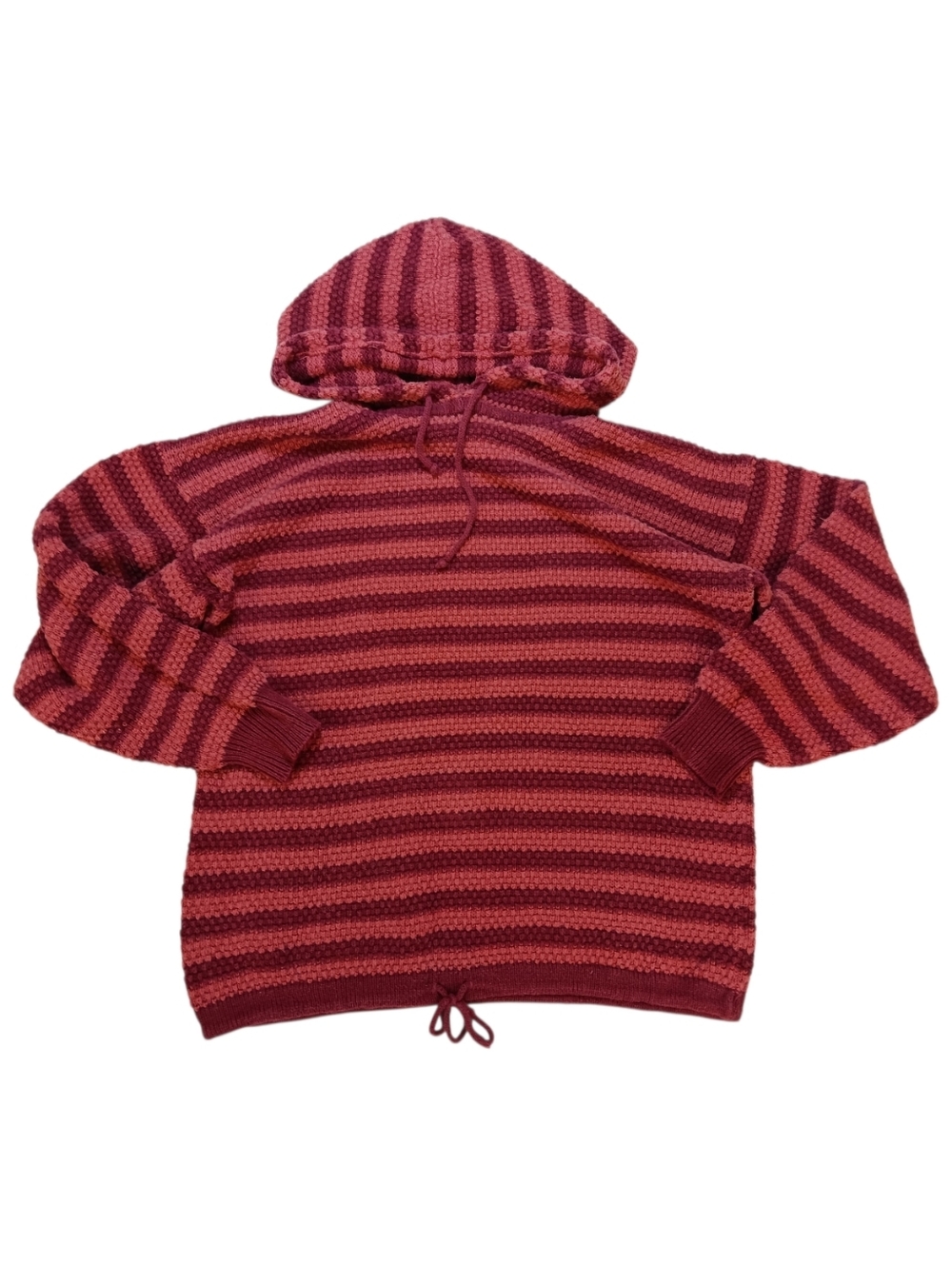 90s Boundary Waters Baggy Striped Hooded Knit Sweater in Rose and Burgundy - XL